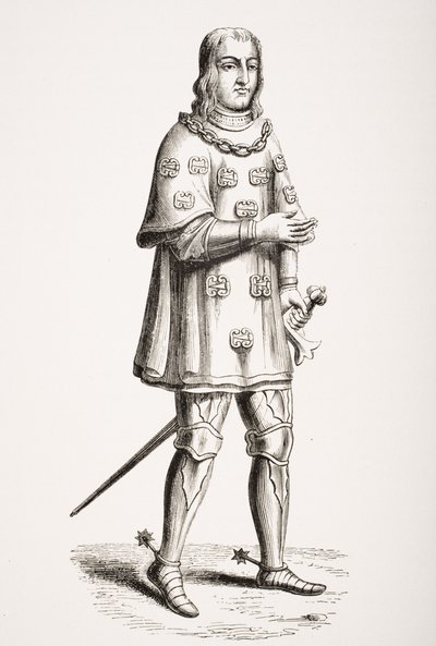 Louis de Mallet depicted in 1487 in Costume of War and Tournament, after a 16th century engraving, from 